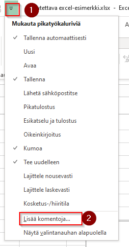 Pikatyökalurivin mukauttaminen komentoja lisäämällä