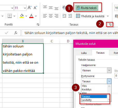 miten väljennän Excelissä rivitettyä tekstiä