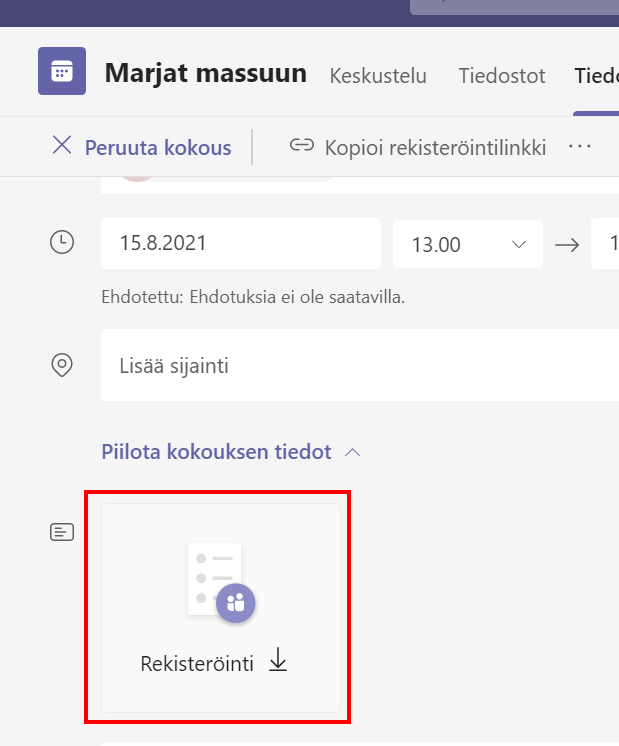 Rekisteröinti -raportin latauspainike Teams kokousmerkinnässä.
