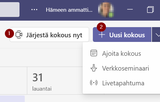 Teams kalenterin kautta valikossa on vaihtoehdot Järjestä kokous nyt tai ajoita kokous, verkkoseminaari tai Livetapahtuma.