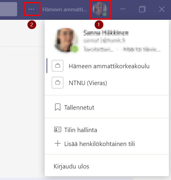 Teams-profiilikuvan takaa avautuva valikko ja sen rivit.
