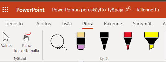 Piirrä-toiminnon välilehti, jossa toiminnot Valitse, Piirrä koskettamalla sekä alueen valinta-lasso, pyyhekumi sekä musta, punainen ja keltainen kynä.