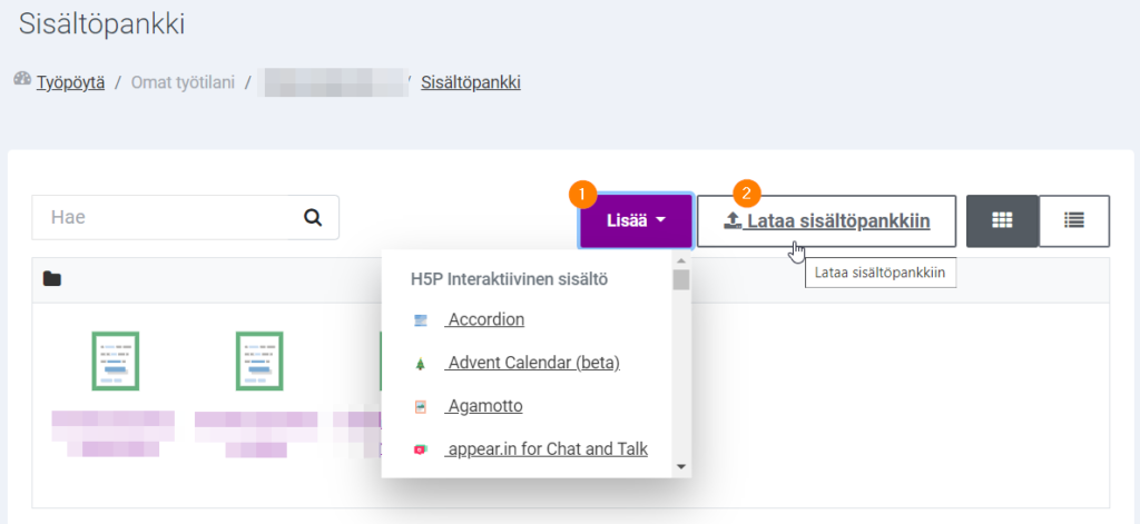 moodle h5p lisää tai lataa sisältöpankkiin tehtävä