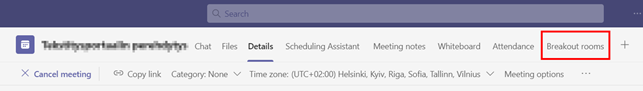 Breakout rooms -tab is located in right in meeting editing view.