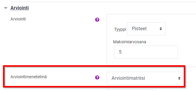 Moodlen tehtävän asetusten kohta, jossa valitaan arviointimenetelmäksi arviointimatriisi