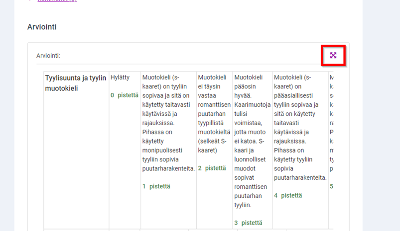 Näkymä, kun ollaan arvioimassa palautusta. Opettaja valitsee halutun osaamistason kriteereittäin.