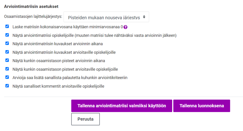 Evaluation matrix settings