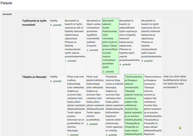 View of the evaluation matrix for the student after the evaluation