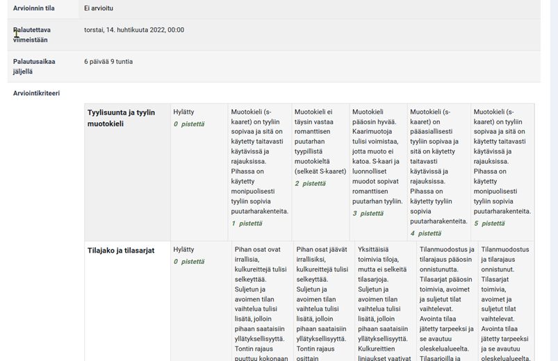 View of the evaluation matrix for the student before the evaluation