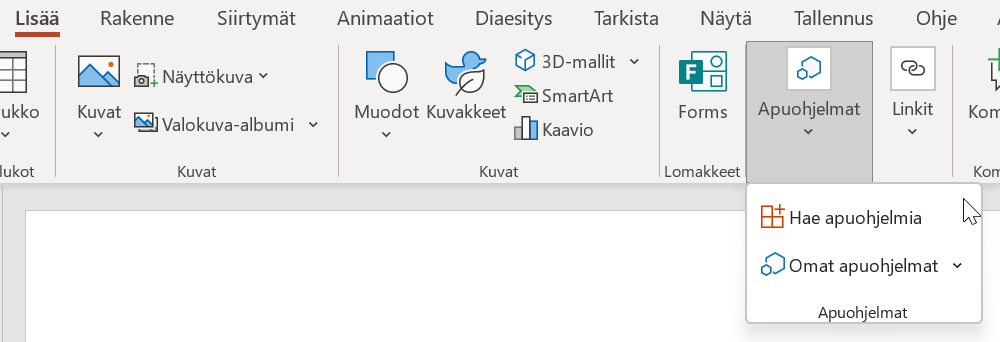 Apuohjelmat-valikko auki PowerPointissa.