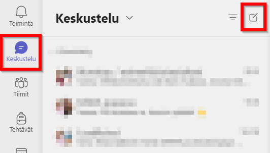 teamsin keskustelu-välilehti, jossa merkattuna uuden keskustelun aloittaminen.