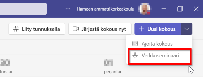 Verkkoseminaarin luomisen painike teamsissa.