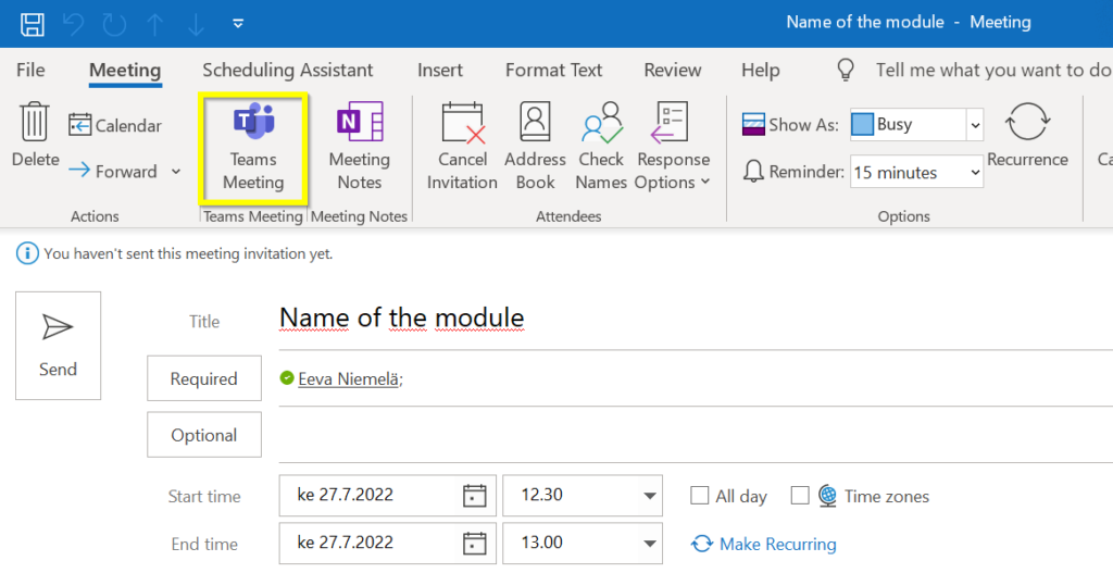 Teams meeting button in outlook.