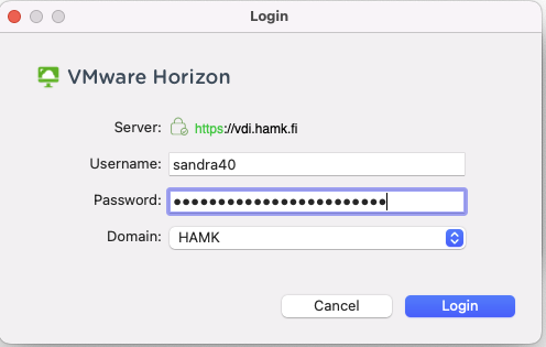 Käyttäjätunnus ja salasana sekä Domain HAMK