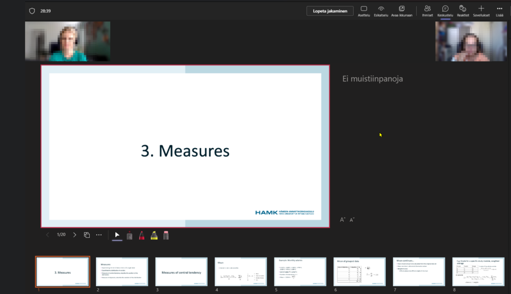 Kuvankaappaus powerpointin esittäjänäkymästä teamsissa.