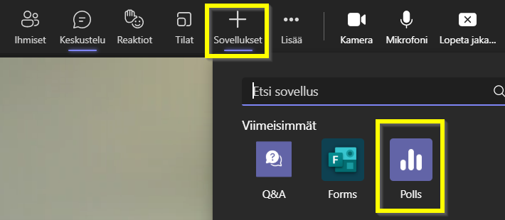 Polls -kuvake Teams-kokouksen aikana.