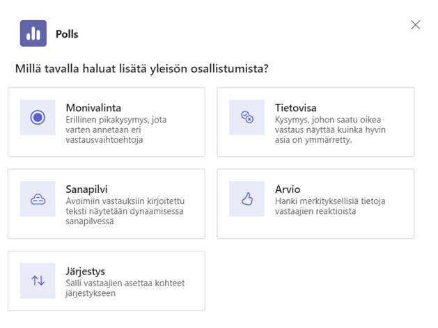 Kuvankaappaus Pollsin kysymystyypeistä: Monivalinta, sanapilvi, järjestys, tietovisa ja arvio.