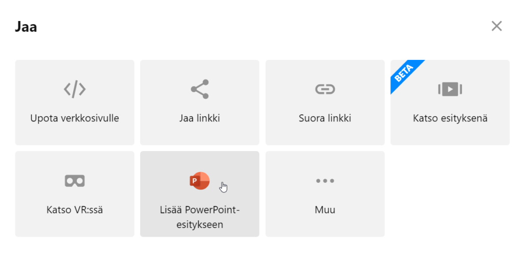 ThingLinkin Jaa-painikkeen takaa aukeva valikko.