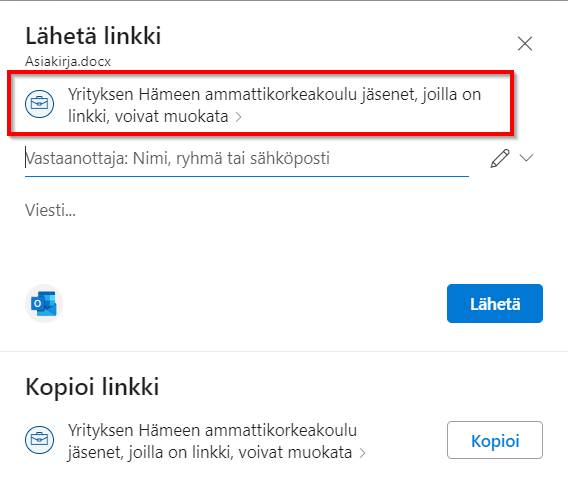 Jakoasetusten muokkaamisen painike merkattuna punaisella laatikolla.